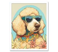 Artery8 Wall Art Print Poodle Dog with Sunglasses & Bandana in Daisies Modern Multicoloured Art Framed in White | Size: W12" x H16" Artery8 White W12" x H16"