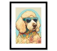 Artery8 Wall Art Print Poodle Dog with Sunglasses & Bandana in Daisies Modern Multicoloured Artwork Framed 9X7 Inch in Black | Size: W7" x H9" Artery8 Black W7" x H9"