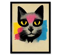 Artery8 Wall Art Print Pop Art Cat Bright Pink Yellow Blue Vintage Style Painting Art Framed in Black | Size: W12" x H16" Artery8 Black W12" x H16"