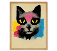 Artery8 Wall Art Print Pop Art Cat Bright Pink Yellow Blue Vintage Style Painting Art Framed in Light Oak | Size: W12" x H16" Artery8 Light Oak W12" x H16"
