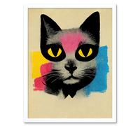 Artery8 Wall Art Print Pop Art Cat Bright Pink Yellow Blue Vintage Style Painting Art Framed in White | Size: W12" x H16" Artery8 White W12" x H16"