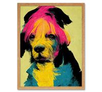 Artery8 Wall Art Print Pop Art Dog Bright Pink Yellow Blue Vintage Style Painting Art Framed in Light Oak | Size: W12" x H16" Artery8 Light Oak W12" x H16"