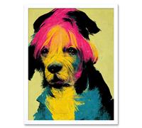 Artery8 Wall Art Print Pop Art Dog Bright Pink Yellow Blue Vintage Style Painting Art Framed in White | Size: W12" x H16" Artery8 White W12" x H16"