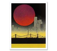 Artery8 Wall Art Print Pop Art Red Sunset Sun Over Manhattan Bridge Skyline Black Yellow Grey Art Framed in White | Size: W12" x H16" Artery8 White W12" x H16"