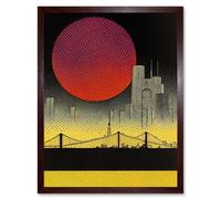Artery8 Wall Art Print Pop Art Red Sunset Sun Over Manhattan Bridge Skyline Black Yellow Grey Art Framed in Brown | Size: W12" x H16" Artery8 Brown W12" x H16"