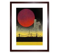 Artery8 Wall Art Print Pop Art Red Sunset Sun Over Manhattan Bridge Skyline Black Yellow Grey Artwork Framed 9X7 Inch in Brown | Size: W7" x H9" Artery8 Brown W7" x H9"