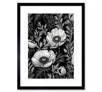 Artery8 Wall Art Print Poppy Wild Flower Pattern Black And White Linocut Artwork Framed 9X7 Inch