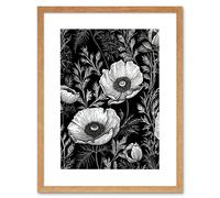 Artery8 Wall Art Print Poppy Wild Flower Pattern Black & White Linocut Artwork Framed 9X7 Inch in Beige | Size: W7" x H9" Artery8 Beige W7" x H9"