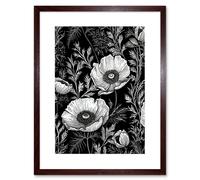 Artery8 Wall Art Print Poppy Wild Flower Pattern Black & White Linocut Artwork Framed 9X7 Inch in Brown | Size: W7" x H9" Artery8 Brown W7" x H9"