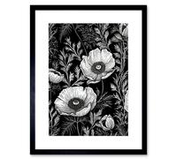 Artery8 Wall Art Print Poppy Wild Flower Pattern Black & White Linocut Artwork Framed 9X7 Inch | Size: W7" x H9" Artery8 Black W7" x H9"