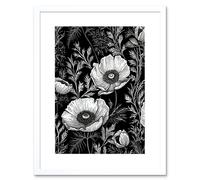 Artery8 Wall Art Print Poppy Wild Flower Pattern Black & White Linocut Artwork Framed 9X7 Inch | Size: W7" x H9" Artery8 White W7" x H9"