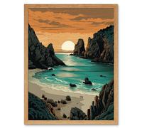 Artery8 Wall Art Print Porthcurno Beach Sunrise Coastal Landscape Art Framed in Light Oak | Size: W12" x H16" Artery8 Light Oak W12" x H16"
