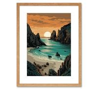 Artery8 Wall Art Print Porthcurno Beach Sunrise Coastal Landscape Artwork Framed 9X7 Inch in Beige | Size: W7" x H9" Artery8 Beige W7" x H9"
