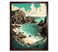 Artery8 Wall Art Print Porthcurno Granite Cliff Beach Coastal Landscape Art Framed in Brown | Size: W12" x H16" Artery8 Brown W12" x H16"