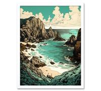 Artery8 Wall Art Print Porthcurno Granite Cliff Beach Coastal Landscape Art Framed in White | Size: W12" x H16" Artery8 White W12" x H16"