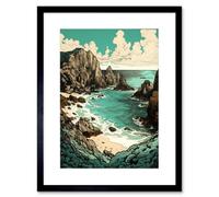 Artery8 Wall Art Print Porthcurno Granite Cliff Beach Coastal Landscape Artwork Framed 9X7 Inch in Black | Size: W7" x H9" Artery8 Black W7" x H9"