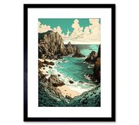 Artery8 Wall Art Print Porthcurno Granite Cliff Beach Coastal Landscape Artwork Framed 9X7 Inch in Black | Size: W7" x H9" Artery8 Black W7" x H9"