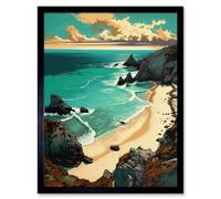 Artery8 Wall Art Print Porthcurno Sandy Beach Cliffs Coastal Landscape Art Framed in Black | Size: W12" x H16" Artery8 Black W12" x H16"