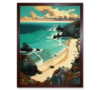 Artery8 Wall Art Print Porthcurno Sandy Beach Cliffs Coastal Landscape Art Framed in Brown | Size: W12" x H16" Artery8 Brown W12" x H16"