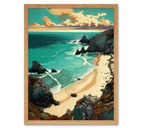 Artery8 Wall Art Print Porthcurno Sandy Beach Cliffs Coastal Landscape Art Framed in Light Oak | Size: W12" x H16" Artery8 Light Oak W12" x H16"