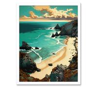 Artery8 Wall Art Print Porthcurno Sandy Beach Cliffs Coastal Landscape Art Framed in White | Size: W12" x H16" Artery8 White W12" x H16"