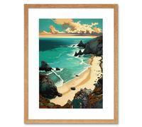 Artery8 Wall Art Print Porthcurno Sandy Beach Cliffs Coastal Landscape Artwork Framed 9X7 Inch in Beige | Size: W7" x H9" Artery8 Beige W7" x H9"