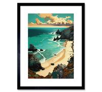 Artery8 Wall Art Print Porthcurno Sandy Beach Cliffs Coastal Landscape Artwork Framed 9X7 Inch in Black | Size: W7" x H9" Artery8 Black W7" x H9"