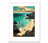 Artery8 Wall Art Print Porthcurno Sandy Beach Cliffs Coastal Landscape Artwork Framed 9X7 Inch in White | Size: W7" x H9" Artery8 White W7" x H9"