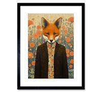 Artery8 Wall Art Print Portrait of Dressed Fox in Suit & Shirt Floral Background Orange Brown Autumn Tones Artwork Framed 9X7 Inch | Size: W7" x H9" Artery8 Black W7" x H9"