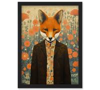 Artery8 Portrait of Dressed Fox in Suit and Shirt Floral Background Orange Brown Autumn Tones Artwork Framed Wall Art Print A4