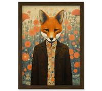 Wall Art Print Portrait of Dressed Fox in Suit and Shirt Floral Background Orange Brown Autumn Tones Artwork Framed A4 Artery8 Brown A4