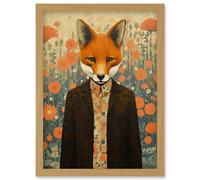 Artery8 Portrait of Dressed Fox in Suit and Shirt Floral Background Orange Brown Autumn Tones Artwork Framed Wall Art Print A4
