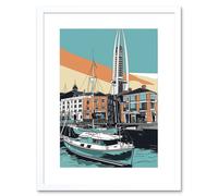 Artery8 Wall Art Print Portsmouth Historic Dockyard Modern Linocut Style Artwork Framed 9X7 Inch in White | Size: W7" x H9" Artery8 White W7" x H9"