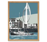 Artery8 Wall Art Print Portsmouth Historic Dockyard with Spinnaker Tower Art Framed in Light Oak | Size: W12" x H16" Artery8 Light Oak W12" x H16"