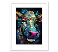 Artery8 Wall Art Print Psychedelic Pattern Cow Acrylic Painting Colourful Folk Portrait Modern Pop Artwork Framed 9X7 Inch in White | Size: W7" x H9" Artery8 White W7" x H9"