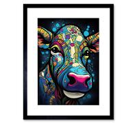 Artery8 Wall Art Print Psychedelic Pattern Cow Acrylic Painting Colourful Folk Portrait Modern Pop Artwork Framed 9X7 Inch in Black | Size: W7" x H9" Artery8 Black W7" x H9"
