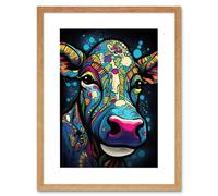 Artery8 Wall Art Print Psychedelic Pattern Cow Acrylic Painting Colourful Folk Portrait Modern Pop Artwork Framed 9X7 Inch in Beige | Size: W7" x H9" Artery8 Beige W7" x H9"