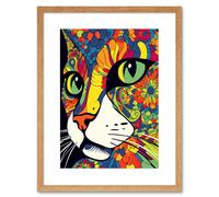 Artery8 Wall Art Print Psychedelic Portrait Cat Acrylic Painting Close Up Vivid Mandala Patterns Artwork Framed 9X7 Inch in Beige | Size: W7" x H9" Artery8 Beige W7" x H9"