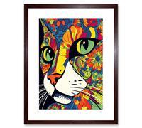 Artery8 Wall Art Print Psychedelic Portrait Cat Acrylic Painting Close Up Vivid Mandala Patterns Artwork Framed 9X7 Inch in Brown | Size: W7" x H9" Artery8 Brown W7" x H9"