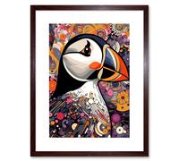 Artery8 Wall Art Print Puffin Bird Geometric Patterns Colourful Busy Bright Psychedelic Modern Maximalist Artwork Framed 9X7 Inch | Size: W7" x H9" Artery8 Brown W7" x H9"