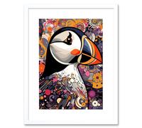 Artery8 Wall Art Print Puffin Bird Geometric Patterns Colourful Busy Bright Psychedelic Modern Maximalist Artwork Framed 9X7 Inch | Size: W7" x H9" Artery8 White W7" x H9"