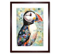 Artery8 Wall Art Print Puffin Bird Portrait Pastel Colour Folk Artwork Framed 9X7 Inch in Brown | Size: W7" x H9" Artery8 Brown W7" x H9"