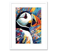 Artery8 Wall Art Print Puffin & Flowers Acrylic Paint Vibrant Colour Brushes Psychedelic Sea Bird Artwork Framed 9X7 Inch in White | Size: W7" x H9" Artery8 White W7" x H9"