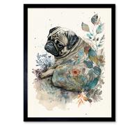 Artery8 Framed Wall Art Pug Dog With Floral Pattern Modern Multicoloured Watercolour - 12X16 Inch