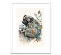 Artery8 Wall Art Print Pug Dog with Floral Pattern Modern Multicoloured Watercolour Artwork Framed 9X7 Inch in White | Size: W7" x H9" Artery8 White W7" x H9"