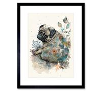 Artery8 Wall Art Print Pug Dog With Floral Pattern Modern Multicoloured Watercolour Artwork Framed 9X7 Inch