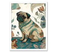Artery8 Wall Art Print Pug Dog with Floral Patterns Vintage Inspired Multicoloured Linocut Art Framed in White | Size: W12" x H16" Artery8 White W12" x H16"