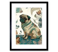 Artery8 Wall Art Print Pug Dog With Floral Patterns Vintage Inspired Multicoloured Linocut Artwork Framed 9X7 Inch