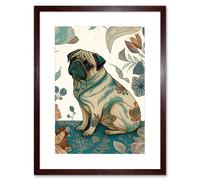 Artery8 Wall Art Print Pug Dog with Floral Patterns Vintage Inspired Multicoloured Linocut Artwork Framed 9X7 Inch in Brown | Size: W7" x H9" Artery8 Brown W7" x H9"