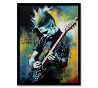 Artery8 Punk Music Artwork Blue Yellow Guitarist Playing At Concert Vibrant Portrait Artwork Framed Wall Art Print A4